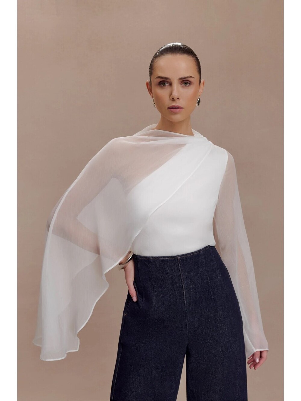 Meshki White Sheer One-Shoulder Draped Blouse